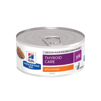 Hills Prescription cat food tin with a bowl full of food pictured on the label, text reads 'Thyroid Care, Y/D' and 'with chicken' on a white background.