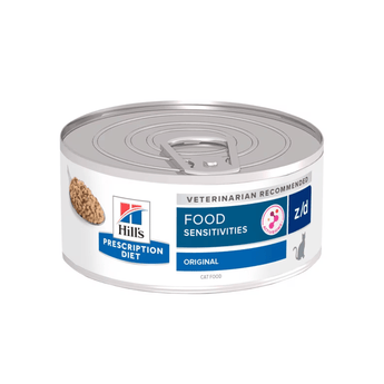 Hills Prescription cat food tin with a bowl full of food pictured on the label, text reads 'Food Sensitivities, Z/D' and 'with chicken' on a white background.