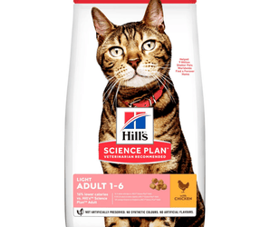Hills Science Plan cat dry food packaged in a white bag with an adult brown tabby cat pictured on the bag. Text on bag say 'Hill's Science Plan, veterinarian recommended' and 'Light, Adult 1-6 years' with a chicken pictured with text 'with chicken' beneath on white background.