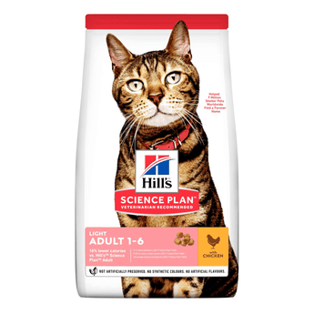 Hills Science Plan cat dry food packaged in a white bag with an adult brown tabby cat pictured on the bag. Text on bag say 'Hill's Science Plan, veterinarian recommended' and 'Light, Adult 1-6 years' with a chicken pictured with text 'with chicken' beneath on white background.