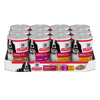 Hills Science Plan Multipack of wet dog food tins packed in a cardboard sleeve, all the tins have a black and white spaniel-type dog pictured with details of the flavours '3x Turkey, 3x Beef, 6x Chicken' pictured on a white background.
