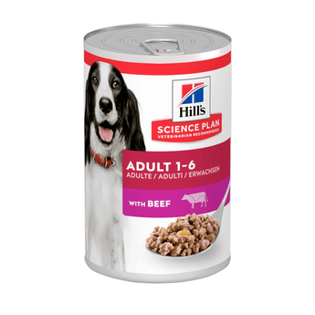 Hills Science Plan dog tin with a black and white spaniel-type dog on the label, text reads 'Adult 1-6' and a picture of a Cow with text 'with Beef' on a white background.
