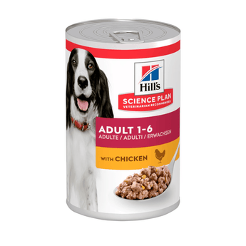 Hills Science Plan dog tin with a black and white spaniel-type dog on the label, text reads 'Adult 1-6' and a picture of a chicken with text 'with Chicken' on a white background.