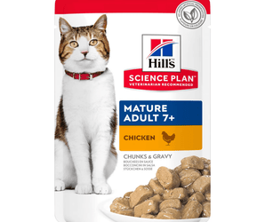 Wet cat food pouch with a brown and white tabby cat pictured on the packet, text on pouch says 'Mature Adult 7+' and 'with Chicken' below is a picture of the wet food.