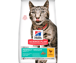 Hills Science Plan cat dry food packaged in a white bag with an adult brown tabby cat pictured on the bag. Text on bag say 'Hill's Science Plan, veterinarian recommended' and 'Perfect Weight, Adult 1+' with a chicken pictured with text 'with chicken' beneath on white background.