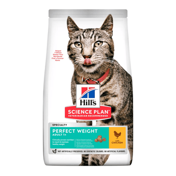 Hills Science Plan cat dry food packaged in a white bag with an adult brown tabby cat pictured on the bag. Text on bag say 'Hill's Science Plan, veterinarian recommended' and 'Perfect Weight, Adult 1+' with a chicken pictured with text 'with chicken' beneath on white background.