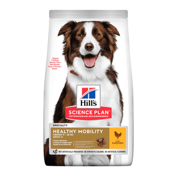 Hills Science Plan dry dog food packaged in a white bag with a brown and white adult collie dog pictured on the bag. Text on bag say 'Hill's Science Plan, veterinarian recommended' and 'Healthy Mobility, Medium, Adult 1+' with a chicken pictured with text 'with chicken' beneath on white background.