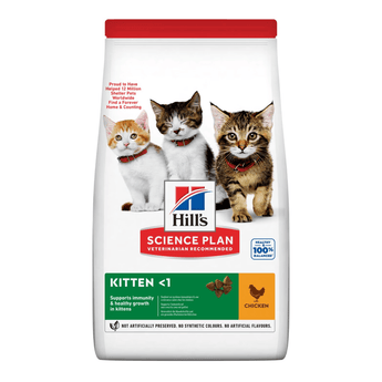 Hills Science Plan dry cat food packaged in a white bag with three kittens pictured on the bag. Text on bag says 'Hill's Science Plan, veterinarian recommended' and 'Kitten <1' with a chicken pictured with text 'chicken' beneath on white background.