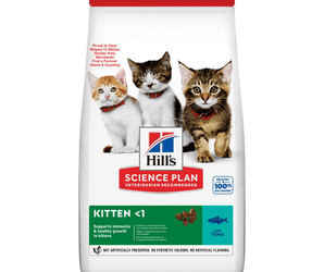 Hills Science Plan dry cat food packaged in a white bag with three kittens pictured on the bag. Text on bag says 'Hill's Science Plan, veterinarian recommended' and 'Kitten <1' with a tuna fish pictured with text 'with tuna' beneath on white background.
