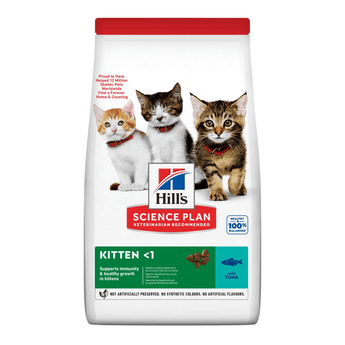 Hills Science Plan dry cat food packaged in a white bag with three kittens pictured on the bag. Text on bag says 'Hill's Science Plan, veterinarian recommended' and 'Kitten <1' with a tuna fish pictured with text 'with tuna' beneath on white background.