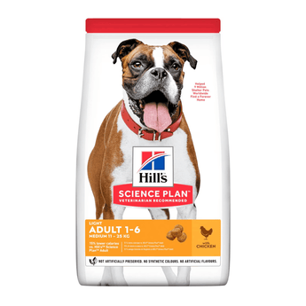 Hills Science Plan dry dog food packaged in a white bag with a brown and white adult boxer dog pictured on the bag. Text on bag say 'Hill's Science Plan, veterinarian recommended' and 'Light, Medium, Adult 1-6' with a chicken pictured with text 'with chicken' beneath on white background.