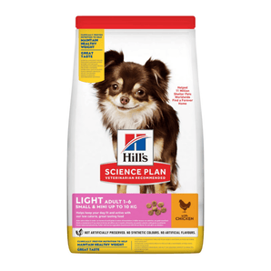 Hills Science Plan dry dog food packaged in a white bag with a brown and white adult chihuahua dog pictured on the bag. Text on bag say 'Hill's Science Plan, veterinarian recommended' and 'Light, Small & Mini, Adult 1-6' with a chicken pictured with text 'with chicken' beneath on white background.