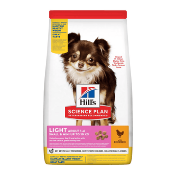 Hills Science Plan dry dog food packaged in a white bag with a brown and white adult chihuahua dog pictured on the bag. Text on bag say 'Hill's Science Plan, veterinarian recommended' and 'Light, Small & Mini, Adult 1-6' with a chicken pictured with text 'with chicken' beneath on white background.