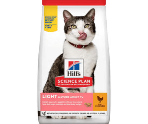 Hills Science Plan cat dry food packaged in a white bag with an adult tabby and white cat pictured on the bag. Text on bag say 'Hill's Science Plan, veterinarian recommended' and 'Light, Mature Adult 7+' with a chicken pictured with text 'with Chicken' beneath on white background.