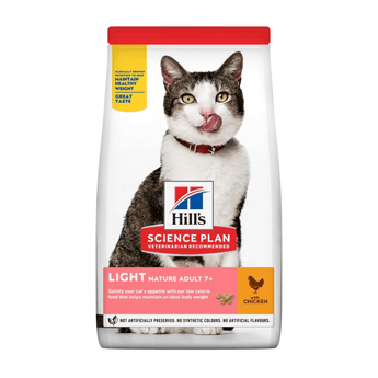 Hills Science Plan cat dry food packaged in a white bag with an adult tabby and white cat pictured on the bag. Text on bag say 'Hill's Science Plan, veterinarian recommended' and 'Light, Mature Adult 7+' with a chicken pictured with text 'with Chicken' beneath on white background.