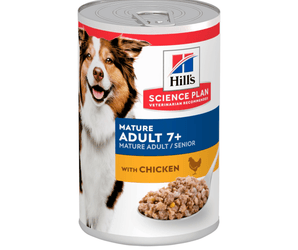 Hills Science Plan dog tin with a brown and white collie-type dog on the label, text reads 'Mature Adult 7+' and a picture of a Chicken with text 'with Chicken' on a white background.