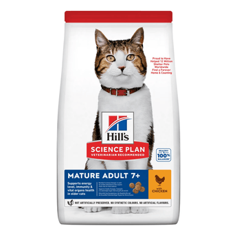 Hills Science Plan cat dry food packaged in a white bag with an adult tabby and white cat pictured on the bag. Text on bag say 'Hill's Science Plan, veterinarian recommended' and 'Mature Adult 7+' with a chicken pictured with text 'with chicken' beneath on white background.