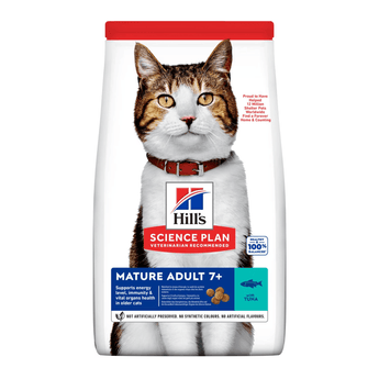 Hills Science Plan cat dry food packaged in a white bag with an adult tabby and white cat pictured on the bag. Text on bag say 'Hill's Science Plan, veterinarian recommended' and 'Mature Adult 7+' with a fish pictured with text 'with Tuna' beneath on white background.