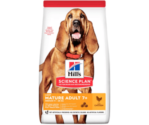 Hills Science Plan dog dry food packaged in a white bag with an adult blood hound pictured on the bag. Text on bag say 'Hill's Science Plan, veterinarian recommended' and 'Light Mature Adult 7+' with a chicken pictured with text 'with chicken' beneath on white background.