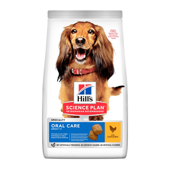 Hills Science Plan dry dog food packaged in a white bag with a brown Dachshund dog pictured on the bag. Text on bag say 'Hill's Science Plan, veterinarian recommended' and 'Oral, Adult 1+' with a chicken pictured with text 'with chicken' beneath on white background.
