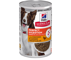Hills Science Plan dog tin with a brown and white collie-type dog on the label, text reads 'Perfect Digestion Adult 1+' and a picture of a Chicken with text 'with Chicken & Added Vegetables' on a white background.