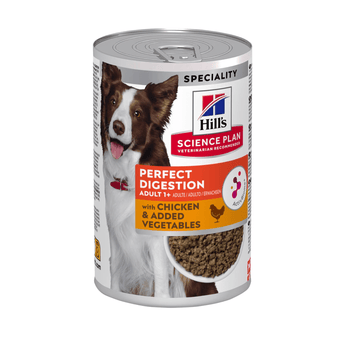 Hills Science Plan dog tin with a brown and white collie-type dog on the label, text reads 'Perfect Digestion Adult 1+' and a picture of a Chicken with text 'with Chicken & Added Vegetables' on a white background.