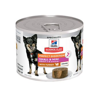 Hills Science Plan dog Perfect Digestion tin with a black and brown dog on the label, text reads 'Perfect Digestion, Small & Mini, Adult 1-6' and a picture of a turkey with text 'with Turkey, Mousse' on a white background.