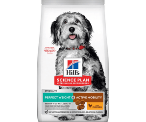 Hills Science Plan dry dog food packaged in a white bag with a black and white adult collie type dog pictured on the bag. Text on bag say 'Hill's Science Plan, veterinarian recommended' and 'Perfect Weight & Active Mobility, Medium 11-25kg, Adult 1+' with a chicken pictured with text 'with chicken' beneath on white background.