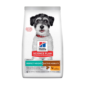 Hills Science Plan dry dog food packaged in a white bag with a black and white adult terrier type dog pictured on the bag. Text on bag say 'Hill's Science Plan, veterinarian recommended' and 'Perfect Weight & Active Mobility, Small & Mini, Adult 1+' with a chicken pictured with text 'with chicken' beneath on white background.