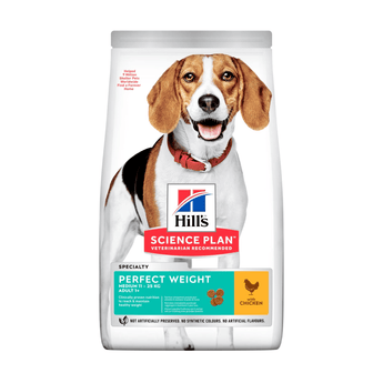 Hills Science Plan dry dog food packaged in a white bag with beagle dog pictured on the bag. Text on bag say 'Hill's Science Plan, veterinarian recommended' and 'Perfect Weight, Medium 11-25kg, Adult 1+' with a chicken pictured with text 'with chicken' beneath on white background.