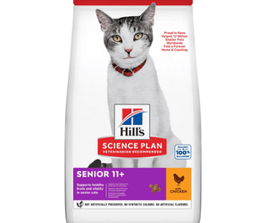 Hills Science Plan cat dry food packaged in a white bag with an adult tabby and white cat pictured on the bag. Text on bag say 'Hill's Science Plan, veterinarian recommended' and 'Senior 11+' with a chicken pictured with text 'with chicken' beneath on white background.