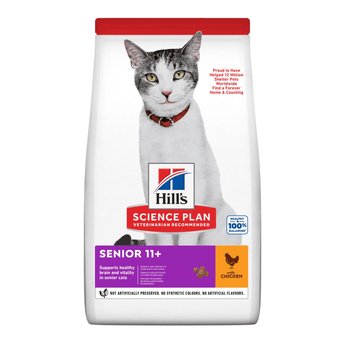 Hills Science Plan cat dry food packaged in a white bag with an adult tabby and white cat pictured on the bag. Text on bag say 'Hill's Science Plan, veterinarian recommended' and 'Senior 11+' with a chicken pictured with text 'with chicken' beneath on white background.