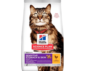 Hills Science Plan cat dry food packaged in a white bag with an adult tabby cat pictured on the bag. Text on bag say 'Hill's Science Plan, veterinarian recommended' and 'Sensitive Stomach & Skin, Adult 1+' with a chicken pictured with text 'with Chicken' beneath on white background.