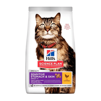 Hills Science Plan cat dry food packaged in a white bag with an adult tabby cat pictured on the bag. Text on bag say 'Hill's Science Plan, veterinarian recommended' and 'Sensitive Stomach & Skin, Adult 1+' with a chicken pictured with text 'with Chicken' beneath on white background.