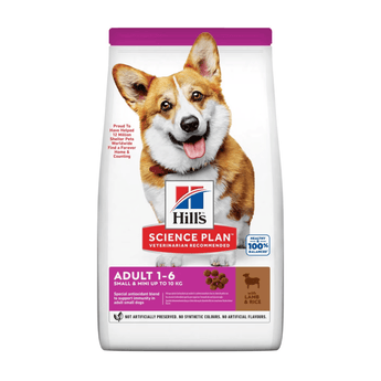 Hills Science Plan dry dog food packaged in a white bag with corgi adult dog pictured on the bag. Text on bag say 'Hill's Science Plan, veterinarian recommended' and 'Adult, Small & Mini, Adult 1-6' with a sheep pictured with text 'with lamb & rice' beneath on white background.