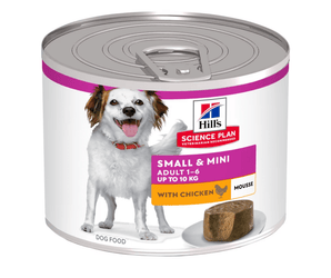 Hills Science Plan dog Small & Mini tin with a brown and white dog on the label, text reads 'Small & Mini, Adult 1-6' and a picture of a chicken with text 'with Chicken, Mousse' on a white background.