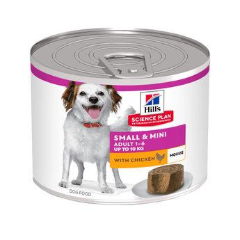 Hills Science Plan dog Small & Mini tin with a brown and white dog on the label, text reads 'Small & Mini, Adult 1-6' and a picture of a chicken with text 'with Chicken, Mousse' on a white background.