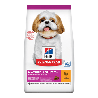Hills Science Plan dry dog food packaged in a white bag with a small adult brown and white dog pictured on the bag. Text on bag say 'Hill's Science Plan, veterinarian recommended' and 'Mature Adult 7+' with a chicken pictured with text 'with chicken' beneath on white background.