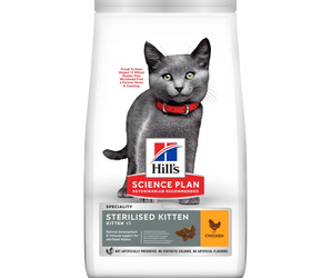 Hills Science Plan dry cat food packaged in a white bag with a grey kittens pictured on the bag. Text on bag says 'Hill's Science Plan, veterinarian recommended' and 'Sterilised Kitten <1' with a chicken pictured with text 'with Chicken' beneath on white background.