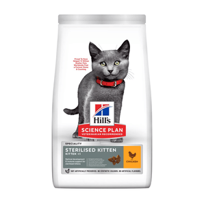 Hills Science Plan dry cat food packaged in a white bag with a grey kittens pictured on the bag. Text on bag says 'Hill's Science Plan, veterinarian recommended' and 'Sterilised Kitten <1' with a chicken pictured with text 'with Chicken' beneath on white background.
