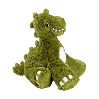 A House of Paws plush green dinosaur toy with white accents, including a belly patch, teeth, and claws, shown sat down against a plain white background.