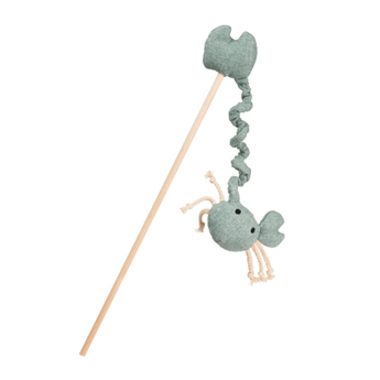 A House of Paws plush crab dog toy on a wooden stick, featuring a dusty sage green fabric body and cream-colored rope tentacles, shown against a plain white background.