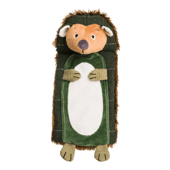 A House of Paws plush hedgehog dog toy with a green body, brown shaggy hedgehog fur around the edges, a tan face, and a white belly, shown on a plain white background.