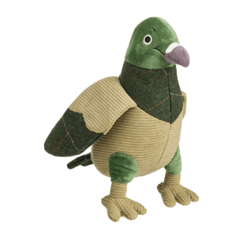 A House of Paws plush pigeon toy made from textured fabrics, featuring a green head and legs, a beige corduroy body, and a dark green tweed neck and wing details, set against a plain white background.