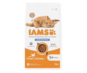 IAMS Dry Adult Light Sterilised Cat Food Fresh Chicken on white background