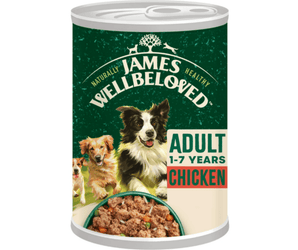 White background with a tin of James Wellbeloved Adult Dog Chicken flavoured wet food. The tin is green and cream with 3 puppies pictured, with text 'Adult 1-7 years, Chicken'.
