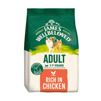 White background with a bag of James Wellbeloved Chicken Cat Food. Packaging is green and cream with 2 cats pictured, with text 'Adult, 1-7years, Rich in Chicken'.
