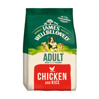 White background with a bag of James Wellbeloved Chicken & Rice Dog Food. Packaging is green and cream with 3 dogs pictured, with text 'Adult, Dog 1-7years, Chicken and Rice'.