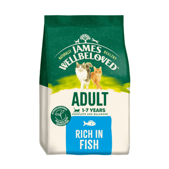 White background with a bag of James Wellbeloved Fish Cat Food. Packaging is green and cream with 2 cats pictured, with text 'Adult, 1-7years, Rich in Fish'.