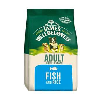 White background with a bag of James Wellbeloved Fish & Rice Dog Food. Packaging is green and cream with 3 dogs pictured, with text 'Adult, Dog 1-7years, Fish and Rice'.